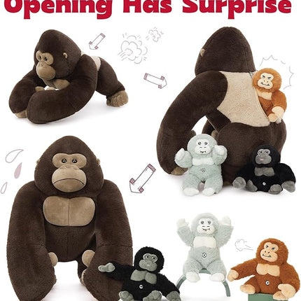 MaoGoLan 4Pcs Giant Gorilla Stuffed Animals -19.6" Large Brown Gorilla Plush with 3 Babies Stuffed Gorilla Inside, Soft and Cuddly Companion Plush Toy Gifts for Kids,Children,Boys,Girls