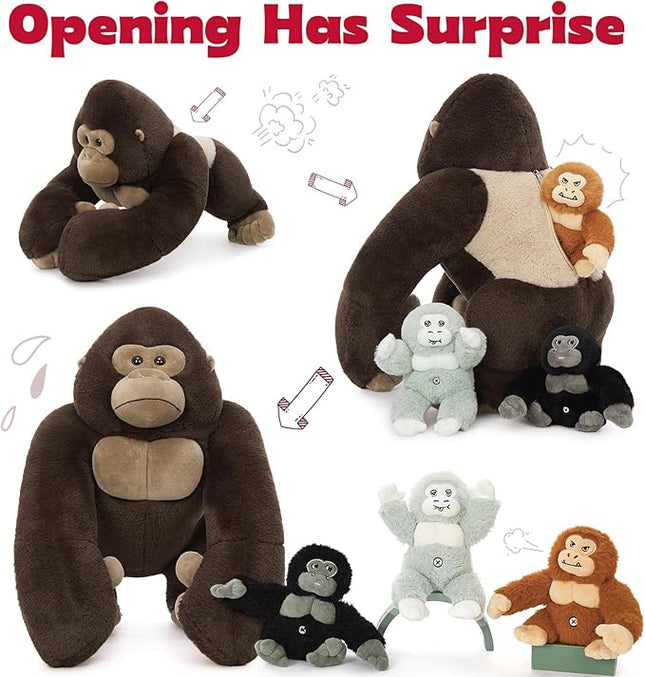 MaoGoLan 4Pcs Giant Gorilla Stuffed Animals -19.6" Large Brown Gorilla Plush with 3 Babies Stuffed Gorilla Inside, Soft and Cuddly Companion Plush Toy Gifts for Kids,Children,Boys,Girls
