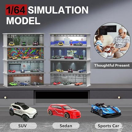 1/64 Scale Diecast Display Case for Hot Wheels Matchbox Cars, Toy Car Model Mini Garage with LED Light and Acrylic Cover, Stackable Parking Lot Diorama Storage for Collection Present