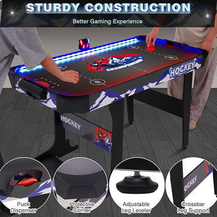57" LED Light-Up Air Hockey Table, Foldable Arcade Style Air Hockey Game Set w/Accurate Electronic Scoring, in Line Power Switch, Powerful Motor for Kids Adults, Home Game Room