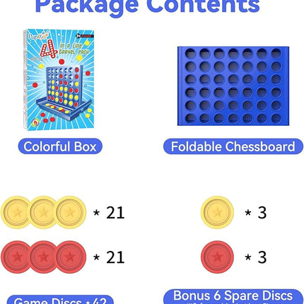 Pocket-Sized 4 in a Row for Kids Ages 3+, Perfect Travel Companion for Kids, Travel Games for Car, Road Trip & Airplane. Classic 2 Players Strategy Game for Boys Girls, 6 Spare Discs Included