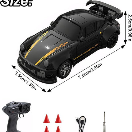Mini RC Drift Car with Lights, 1:64 4WD 2.4GHz Remote Control Car for Kids Adults (Black)