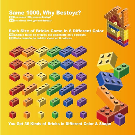 Building Bricks 1000 Pieces in Rainbow Colors, Classic Generic Building Blocks Toy for Boys & Girls, Educational Building Toys for Classroom, School, Toys for Kids Aged 4+