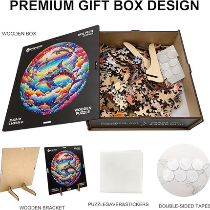 Wooden Puzzle for Adults – Unique Dolphin-Shaped Jigsaw, Colorful Ocean Animal Design Brain Teaser for Kid & Teen, 220 Pieces, 10"x10", Ships as Whole Puzzle Board, Gift-Ready Box, Fun Family Game