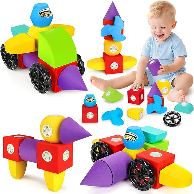 15 PCS Magnetic Foam Blocks for Kids, Large Magnetic Building Blocks for Toddlers 3+, Kids Bath Toys and Preschool STEM Educational Toys, Birthday for Boys & Girls 3 4 5 6+ Years Old