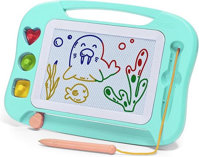 SGILE Magnetic Drawing Board for Kids, Toddlers Toys for 1 2 3 4 Year Old, Etch & Sketch Pad with 4 Stamps, Learning and Educational Toys for Boys Girls Gift, 25 x 18 CM (10 × 7 in), Green