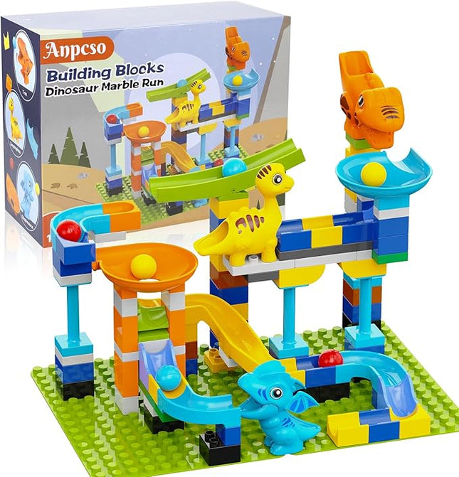 Marble Run Building Blocks, Dinosaurs Marble Track Toy Classic Large Bricks for 3 4 5 6 7 + Year Old Boys Girls Kids, Bricks Compatible with All Major Brands