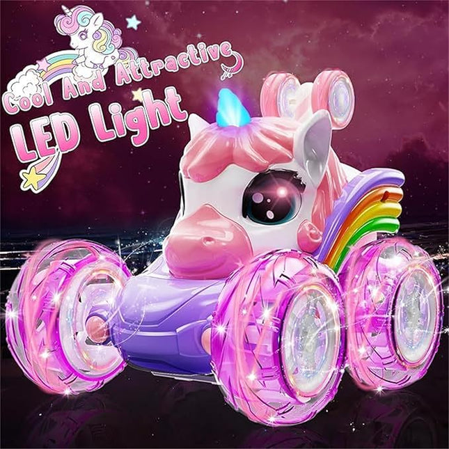 Unicorn Remote Control Car for Girls,Rechargeable 360°Stunt RC Cars Rotation 4WD Remote Cars with LED Lights,Fun Indoor Outdoor Toys for Kids,Chritmas Birthday Gift for 3 4 5 6 Year Old Girl
