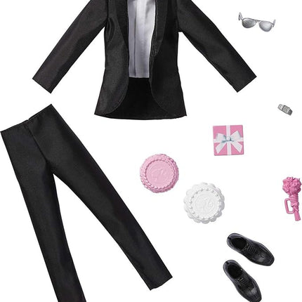Barbie Fashion & Accessories Pack, Bridal Set with Groom Outfit for Ken Doll with Tuxedo, Shoes, Watch, Wedding Cake with Tray & Bouquet