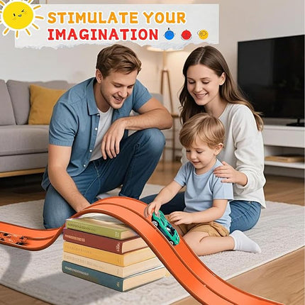 16Ft Flexible Race Track for Kids, Race Car Ramp Track Compatible with Hot Wheel and Diecast 1/64th Cars, Portable Roll Up Race Tracks with Strong Suction Cups - Orange