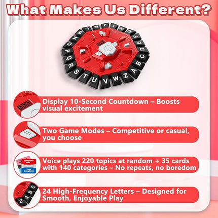 Word Game Family Board Game with Digital Display Timer and 2 Categories Modes Fun Fast-Paced 24-Letter Game for Learning Party Interactive (Red)
