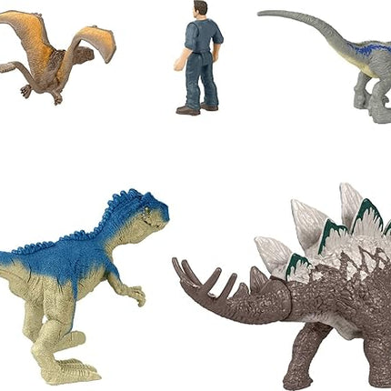 Mattel Jurassic World Dominion Chaotic Cargo Pack of 5 Mini Figures, 1 Human & 4 Dinosaur Toys in Cargo Truck-Themed Package