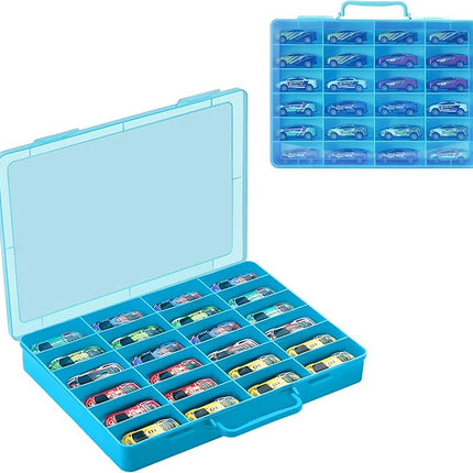 Toy Storage Organizer Case for Hot Wheels Car, for Matchbox Cars, for Mini Toys, for Small Dolls. Carrying Box Container Carrier with 24 Compartments (Box Only) (Blue)