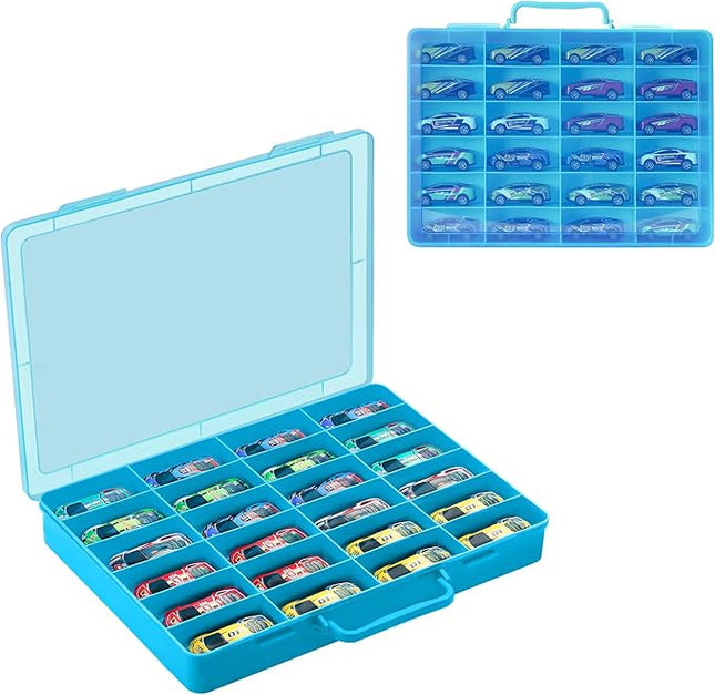 Toy Storage Organizer Case for Hot Wheels Car, for Matchbox Cars, for Mini Toys, for Small Dolls. Carrying Box Container Carrier with 24 Compartments (Box Only) (Blue)