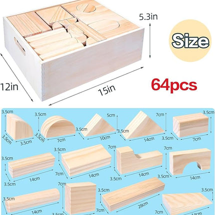Large Wooden Building Blocks Set - Educational Preschool Learning Toys with Wooden Storage Box, Toddler Blocks Building and Stacking Toys for 3+ Year Old Boy and Girl Gifts