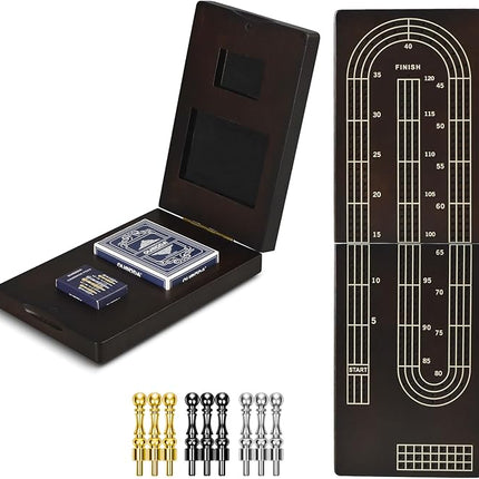 15.5'' Cribbage Board Game Set with Magnetic Lock, Folding Wooden Continuous 3 Track Scoreboard with Large Slots for Storing 1 Playing Cards and 9 Metal Pegs, Travel Game for Family Kid Adult