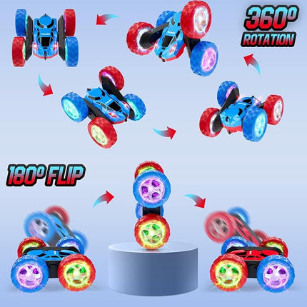 Remote Control Car Double Sided 360°Rotating 4WD RC Cars with Headlights 2.4GHz Electric Race Stunt Toy Car Rechargeable Toy Cars for 6-12 Year Old Boys Girls Birthday Gift (Red and Blue)