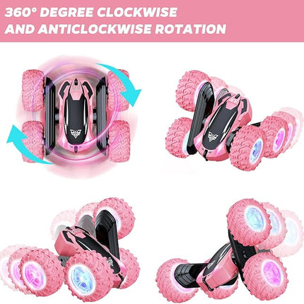 Remote Control Car, 2.4GHz RC Stunt Car, Double Sided 360° Rotating RC Cars with LED Headlight & LED Wheel, High Speed Off Road RC Crawler Xmas Gift for 3 4 5 6 7 8-12 Year Old Girls Toys (Pink)