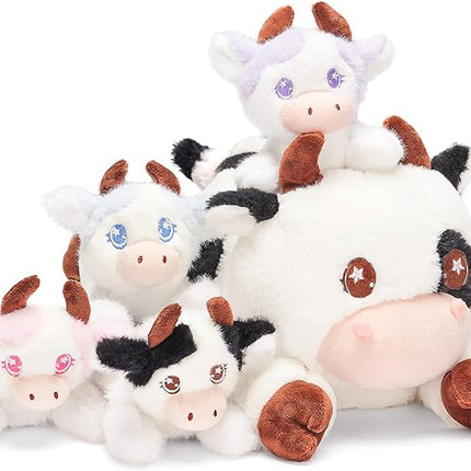 IKASA Mommy Cow Stuffed Animal Mom and Baby Plush, 15" Cute Soft Mama Family Set Cuddly Toy with Little Mini Babies,Gifts for Kids