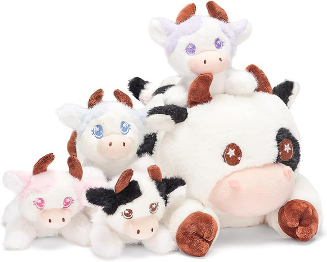 IKASA Mommy Cow Stuffed Animal Mom and Baby Plush, 15" Cute Soft Mama Family Set Cuddly Toy with Little Mini Babies,Gifts for Kids
