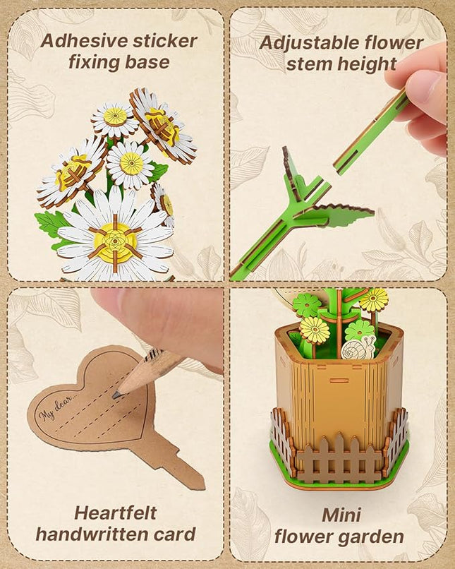 3D Flower Wooden Puzzles for Adults-Daisy, Wooden Flowers Model Kit Set DIY Crafts to Build, Mother's Day/Botanical Collection/Ideal Creative Gift Ideas/Housewarming