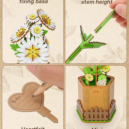 3D Daisy Wooden Puzzles for Adults, DIY Wooden Flower Craft Kit, Artificial Flowers Model Kit to Assemble for Adults.(3.1 * 2.6 * 7.4in 91PCS)