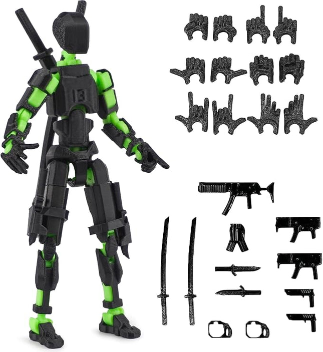 Pre-Assembly 3D Printed 5.54'' Dummy13 Action Figure, Multi-Jointed Tian13, Articulated T13 Desktop Decoration,12 in 1 Accessories, Best Birthday Festival Gift (Black Mix Green)