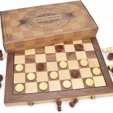 AMEROUS 15'' Magnetic Wooden Chess & Checkers Game Set -2 Extra Queens -24 Cherkers Pieces - Chessmen Storage Slots, Beginner Chess Set for Kids and Adults, Classic 2 in 1 Board Games