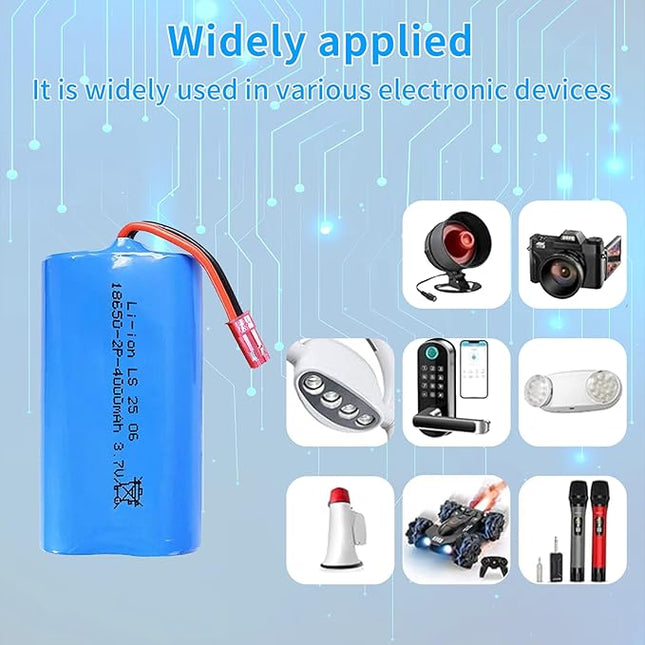 3.7 Volt Rechargeable Battery 4000mah, 18650 Batteries with JST Connector, and USB Charger Cable for Flashlights, Remote Control Cars, Bluetooth Speakers, LED Flashlights