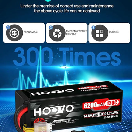 HOOVO 4S Lipo Battery 14.8V 6200mAh 120C RC Car Battery Hard Case with TR Plug Compatible for 1/8 and 1/10 Scale RC Car RC Buggy Truggy Truck Slash 4X4 Crawler Monster RC Hobby 2 Pack