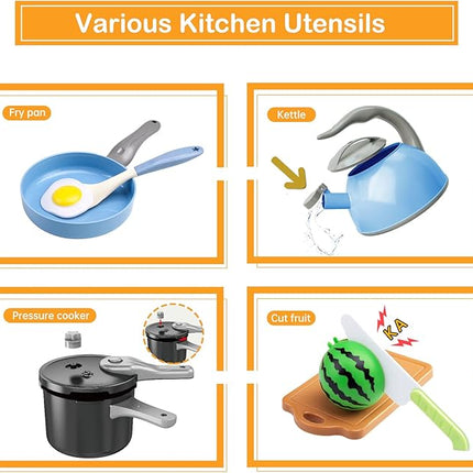 130Pcs Kitchen Playset, Toddler Pretend Cooking Play Pots, Pans, Utensils Cookware, Daily Food Fruit Veges, Shopping Storage Basket, Dessert, Prop Money, Learning Gift for Child (Blue)