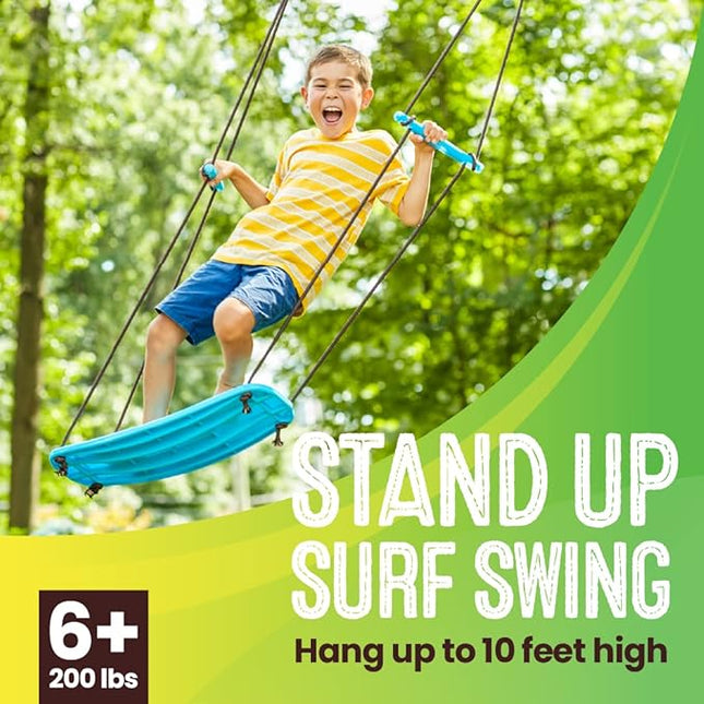 Swurfer Kick Stand Up Surfing Tree Swing Outdoor Swings for Kids Up to 200 Lbs - Hang from Up to 10 Feet High - Includes 24" SwingBoard, UV Resistant Rope, & Handles