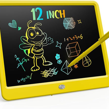 KOKODI LCD Writing Tablet, 12 Inch Colorful Toddler Doodle Board Drawing Tablet, Erasable Reusable Electronic Drawing Pads, Educational and Learning Toy for 3-6 Years Old Boy and Girls(Yellow)