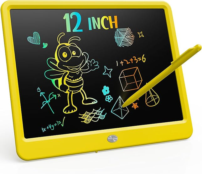 KOKODI LCD Writing Tablet, 12 Inch Colorful Toddler Doodle Board Drawing Tablet, Erasable Reusable Electronic Drawing Pads, Educational and Learning Toy for 3-6 Years Old Boy and Girls(Yellow)