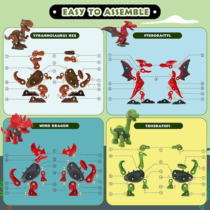 TOY Life 4 Pack Take Apart Dinosaur Stem Toys for Kids 3 5 7 8 12 Year Old Educational Building Constrution Toddler Toy Drill for Boys Gift Preschool Learning Dinosaur Games Toys for Kids Tool Set