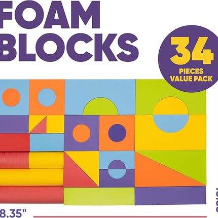 Set of 34 Large Foam Blocks for Toddlers - Stacking Soft Blocks for Kids with Shapes & Colors Learning - Construction Building Preschool Toys - Soft Toy for Daycare Toddlers 3-5 & Above