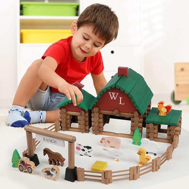 Wondertoys 164 Pcs Wooden Log Set Ranch Real Wood Logs Classic Building Log Ages 3+ Best Retro Farm Building Gift Set Creative Construction Engineering Educational Gifts
