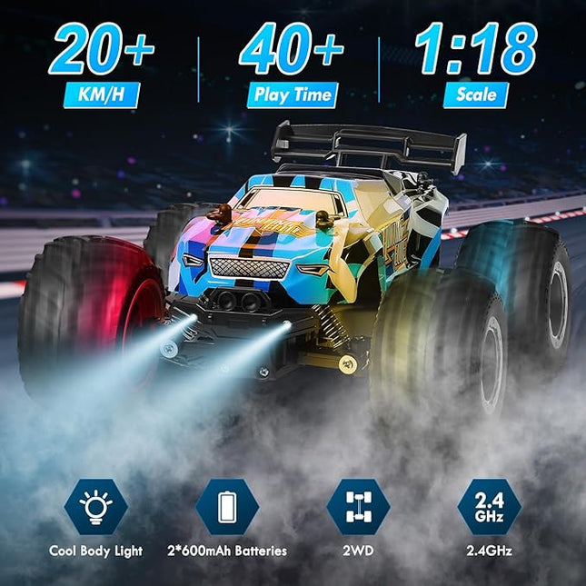 Remote Control Car, Remote Control Truck, 2.4Ghz All Terrain Off-Road Monster Truck, 20 KM/H Rc Cars with LED Bodylight and 2 Rechargeable Batteries Toys for Boys