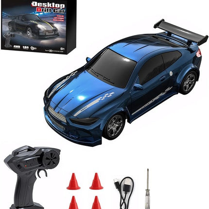 Mini RC Drift Car with Lights, 1:64 4WD 2.4GHz Remote Control Car for Kids Adults (Blue)