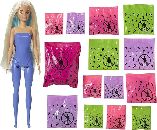Barbie Color Reveal Peel Doll Set with 25 Surprises Including Blue Peel-able Doll & Pet & 16 Mystery Bags with Clothes & Accessories for 2 Fairy-Inspired Looks; 4 Color-Change Features; for Kids 3Y+