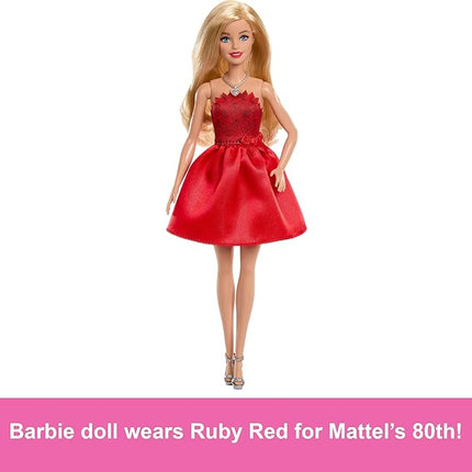 Barbie Mattel 80th Anniversary Ruby-Red Celebration Blonde Fashion Doll Wearing Red Dress with Silvery Shoes & Necklace, Collectible Toy