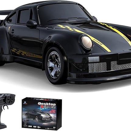 Desktop Mini Size 1:64 Scale 4WD RC Drift Car with Skill-Building Drift Control & LED Lights – Learn Drift Techniques, Fast Charge, Adjustable Throttle, 2.4GHz Remote – Black