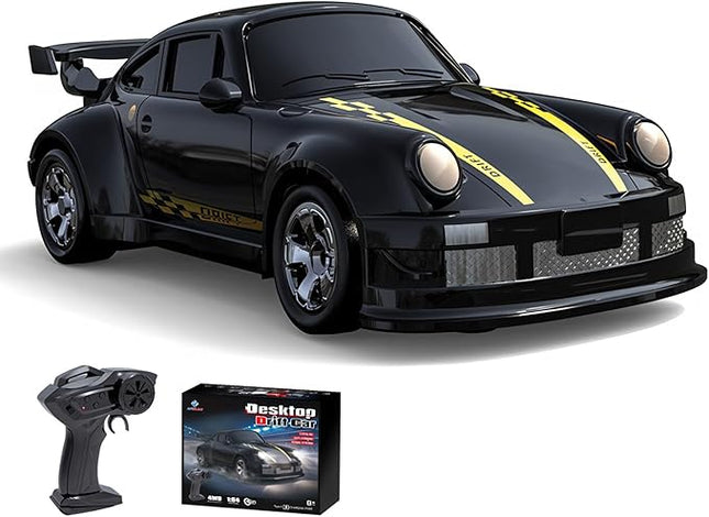 Desktop Mini Size 1:64 Scale 4WD RC Drift Car with Skill-Building Drift Control & LED Lights – Learn Drift Techniques, Fast Charge, Adjustable Throttle, 2.4GHz Remote – Black
