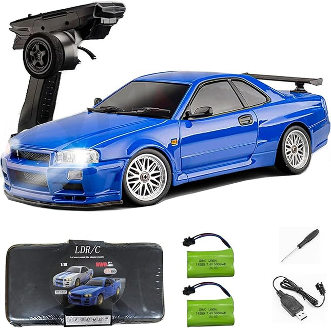 LD1899 1:18 RC Drift Car GTR R34 2.4GHz RWD with Gyroscope on-Road Alloy Body Shell Racing Cars Radio Control (Blue)