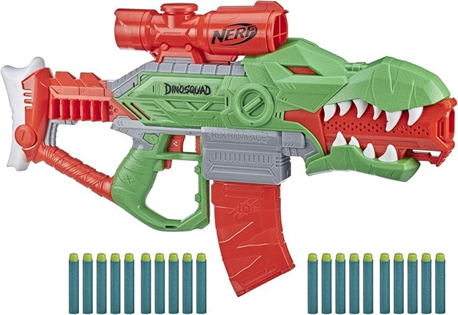 Nerf DinoSquad Rex-Rampage Motorized Dart Blaster, 10-Dart Clip, 20 Official Darts, 10-Dart Storage- T-Rex Dinosaur Design, Red