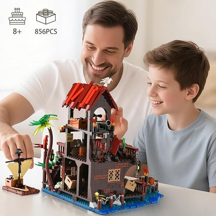 Pirate Ship Wharf Market Building Set,Medieval Pirate House Architecture Building Block Toy,Construction Model for Home Decor,Ideal Gift for Adults Teens Boys 8+