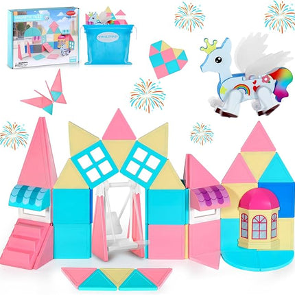 Unicorn Toys for Girls Age 4-6, Unicorn Magnetic Tiles, Movable Magnetic Tiles 3D Educational Toy, Magnetic Building Blocks for Kids, Magnetic Construction Set, Xmas Birthday Gifts for Boys and Girls