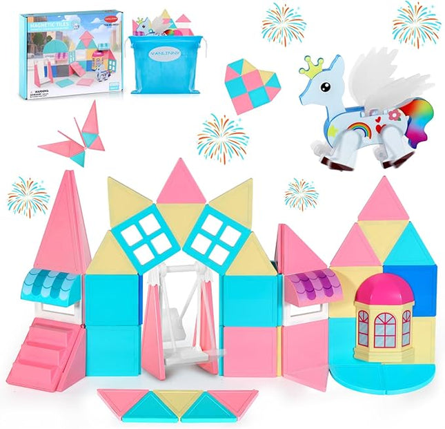 Unicorn Toys for Girls Age 4-6, Unicorn Magnetic Tiles, Movable Magnetic Tiles 3D Educational Toy, Magnetic Building Blocks for Kids, Magnetic Construction Set, Xmas Birthday Gifts for Boys and Girls