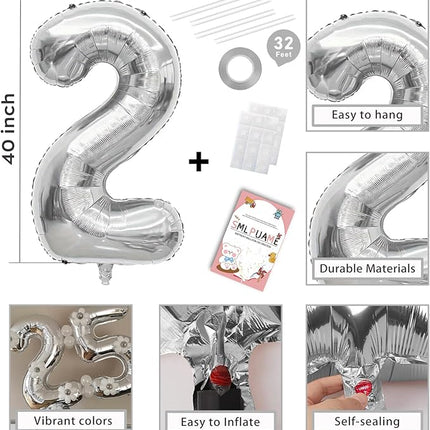 Smlpuame 40 Inch Number 2 Balloons Silver, 4pcs Huge Foil Balloon Numbers 2 0 2 5 for 2nd 5th 20th 25th 50th Birthday Anniversary Graduation Class of 2025 Party Decorations Supplies