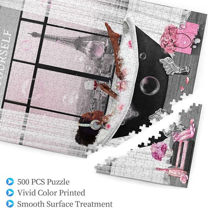 African American Jigsaw Puzzles 500 Pieces for Adults, Bath Time Drinking Scene, Black Woman Wooden Puzzle for Stress Relief, Challenging Brain Teaser & Home Decor